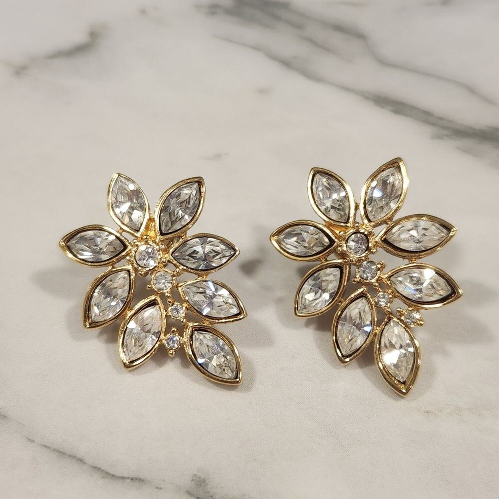 Vintage Gold Tone Rhinestone Cluster Statement Earrings Prom Glam - Picture 3 of 8